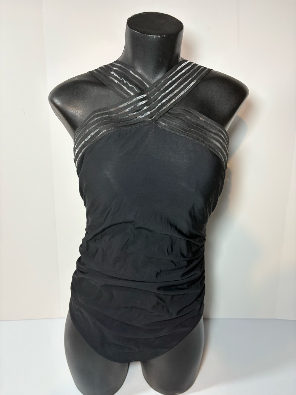 Black Cross-Front Halter One-Piece with Metallic Stripes